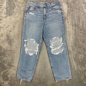American Eagle Super High-Rise Baggy Straight Jeans Women's 14 Blue Distressed
